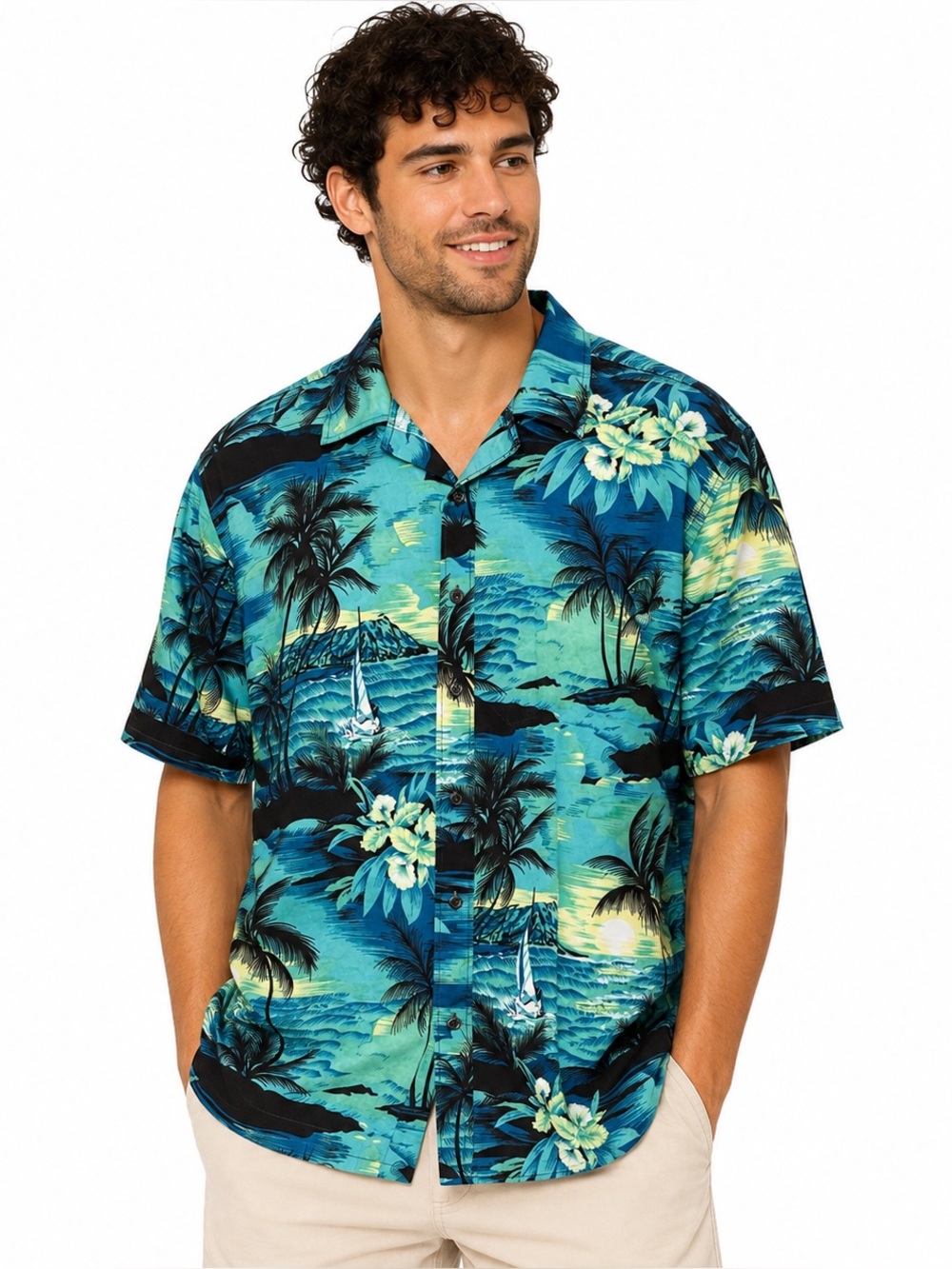 Euow Tropical Hawaiian Beach Palm Tree Button Shirt Men’s L
